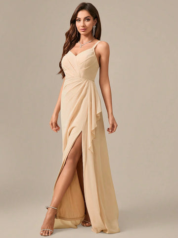 V-Neck Spaghetti Strap High Slit Chiffon Dress With Backless Design And Elegant Waist Gathering