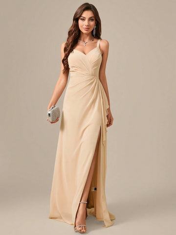 V-Neck Spaghetti Strap High Slit Chiffon Dress With Backless Design And Elegant Waist Gathering