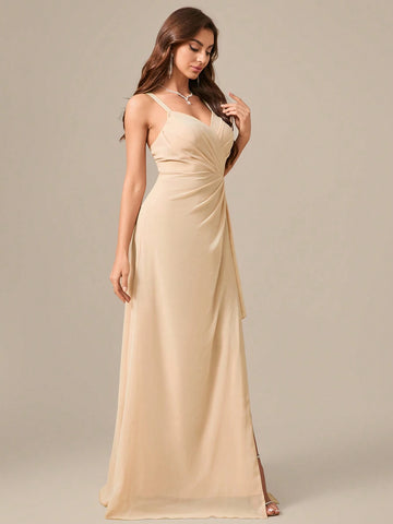 V-Neck Spaghetti Strap High Slit Chiffon Dress With Backless Design And Elegant Waist Gathering