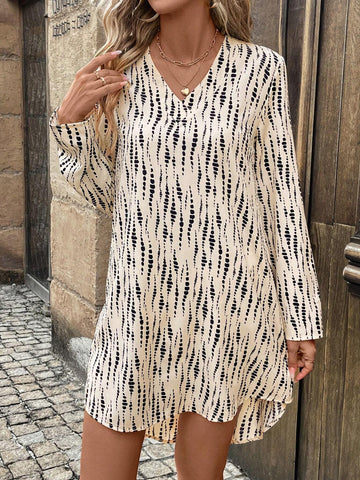V-Neck Tie Sleeve Asymmetrical Hem Vintage Animal Print Casual/Office Wear Women Mini