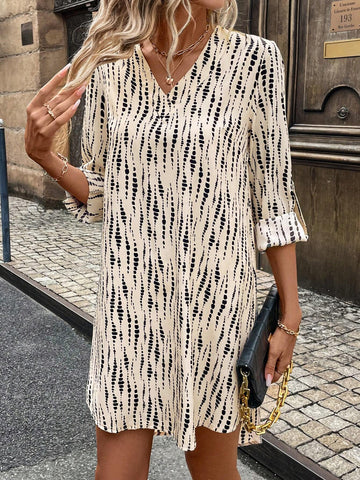 V-Neck Tie Sleeve Asymmetrical Hem Vintage Animal Print Casual/Office Wear Women Mini
