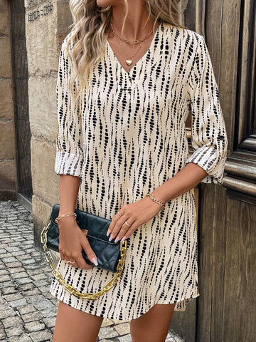 V-Neck Tie Sleeve Asymmetrical Hem Vintage Animal Print Casual/Office Wear Women Mini