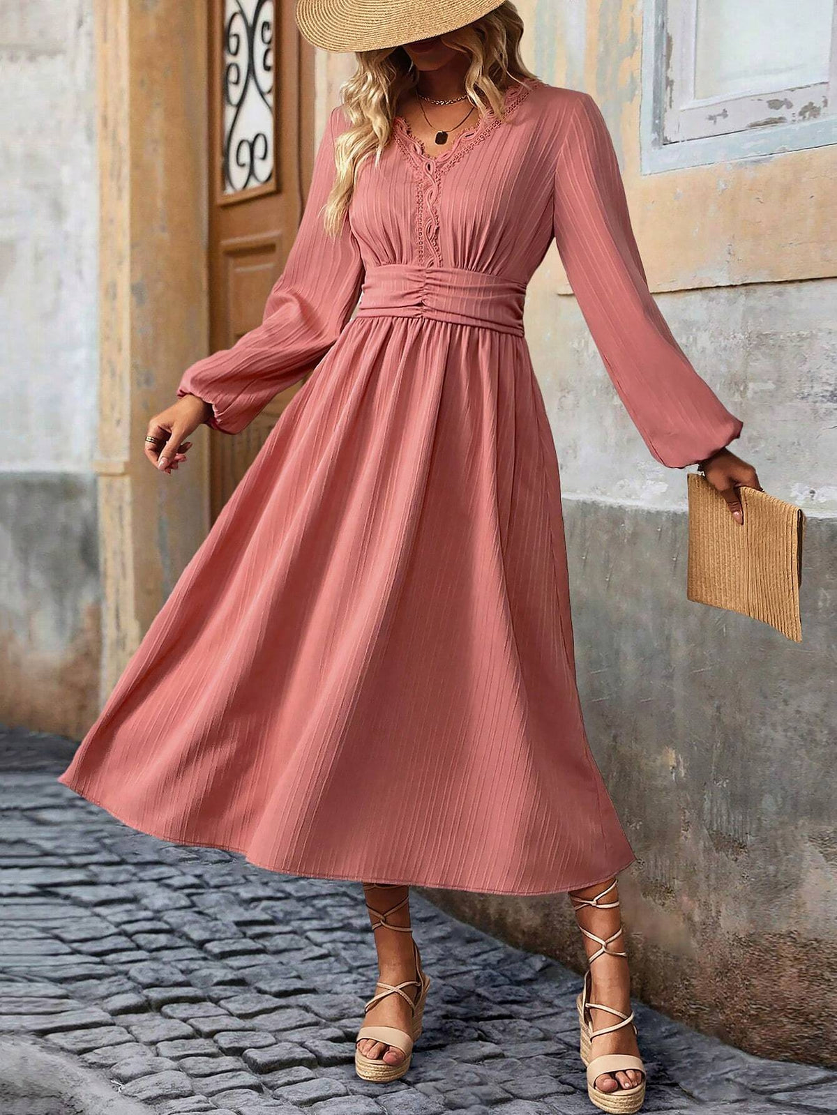 V-Neck Waist Design Textured Long Sleeve Midi Dress