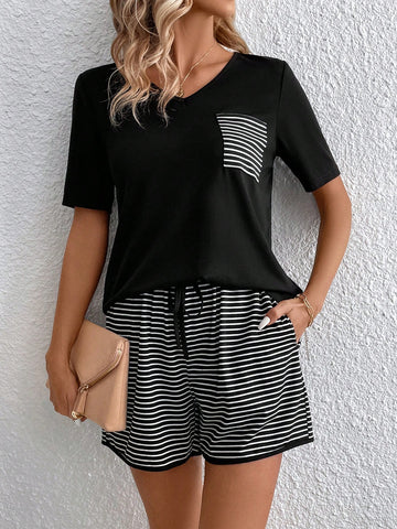 V Neck Short Sleeve T-Shirt And Striped Shorts Set