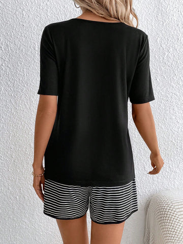 V Neck Short Sleeve T-Shirt And Striped Shorts Set