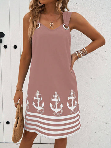 Vacation Casual Colorblock Striped Anchor Print Sleeveless Dress
