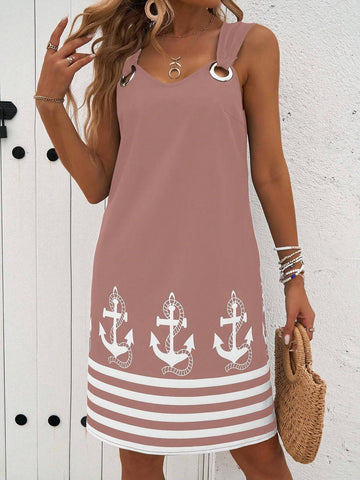 Vacation Casual Colorblock Striped Anchor Print Sleeveless Dress