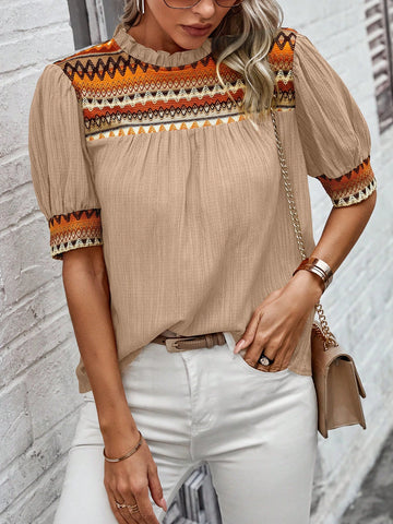 LUNE Vacation Casual Geometric Jacquard Puff Sleeve Blouse