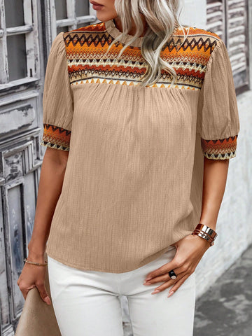 LUNE Vacation Casual Geometric Jacquard Puff Sleeve Blouse