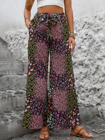 LUNE Vacation Casual Patchwork Wide Leg Pants With Ditsy Floral Print