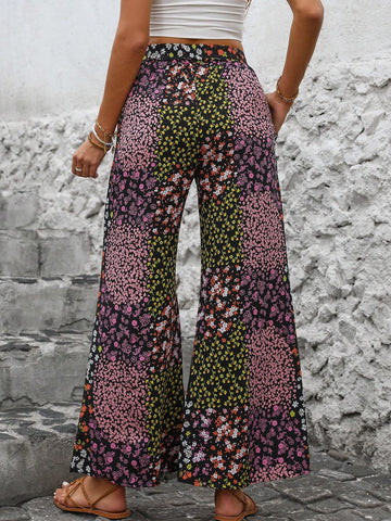 LUNE Vacation Casual Patchwork Wide Leg Pants With Ditsy Floral Print