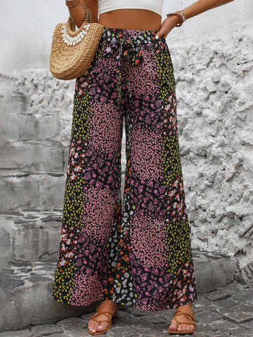 LUNE Vacation Casual Patchwork Wide Leg Pants With Ditsy Floral Print
