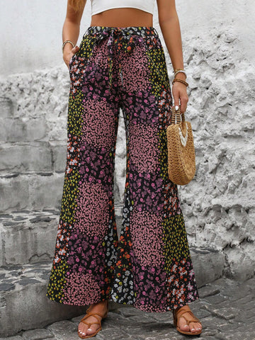 LUNE Vacation Casual Patchwork Wide Leg Pants With Ditsy Floral Print