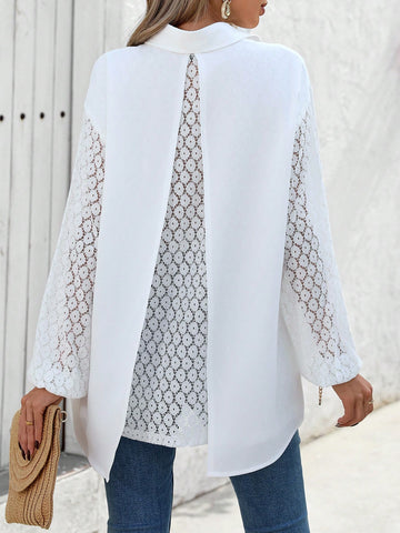 LUNE Vacation Casual Solid Color Lace Panel Shirt