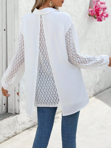 LUNE Vacation Casual Solid Color Lace Panel Shirt