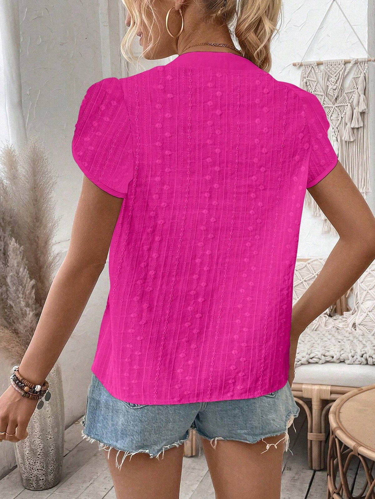 LUNE Vacation Casual Solid Color Texture Notched Neck Petal Sleeve Shirt