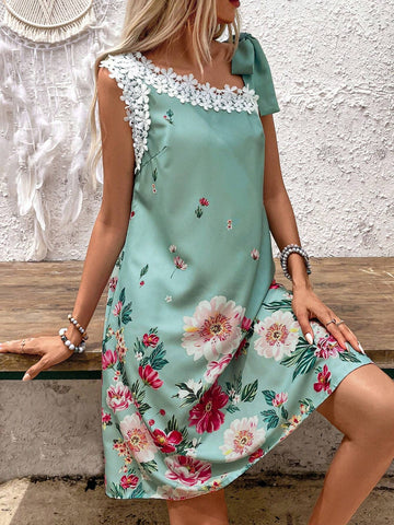 Vacation Leisure Flower Print Splice Lace Asymmetric Neck Sleeveless Fresh Style Dress