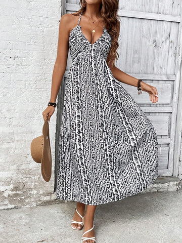 Vacation Sexy All-Over Allover Print Backless Halter Dress