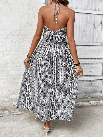 Vacation Sexy All-Over Allover Print Backless Halter Dress