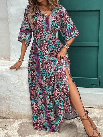 Vacation Style Allover Print Batwing Sleeve Dress With High Side Slits