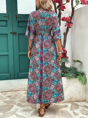 Vacation Style Allover Print Batwing Sleeve Dress With High Side Slits