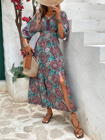 Vacation Style Allover Print Batwing Sleeve Dress With High Side Slits