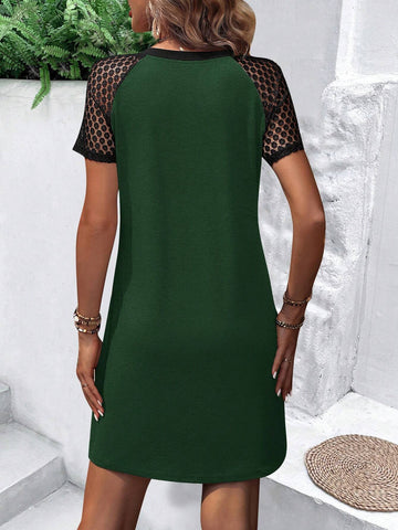 Vacation Style Color Blocking Lace Spliced Dress With Raglan Sleeve Sleeves