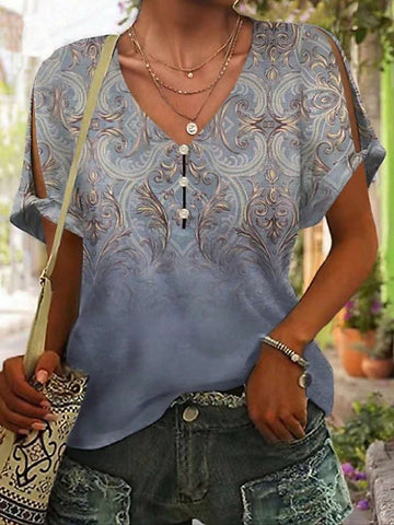 LUNE Vacation Style Full Printed V-Neck Split Sleeve Shirt For Summer