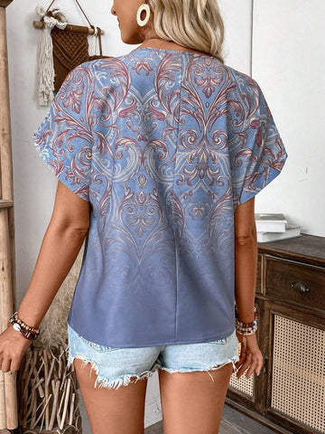 LUNE Vacation Style Full Printed V-Neck Split Sleeve Shirt For Summer