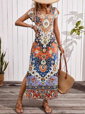 Vacation Style Retro Printed Side Slit Dress For Leisure