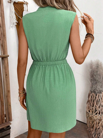 Vacation & Leisure Solid Color Texture Sleeveless Drawstring Waist Dress