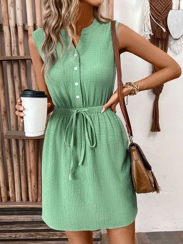 Vacation & Leisure Solid Color Texture Sleeveless Drawstring Waist Dress