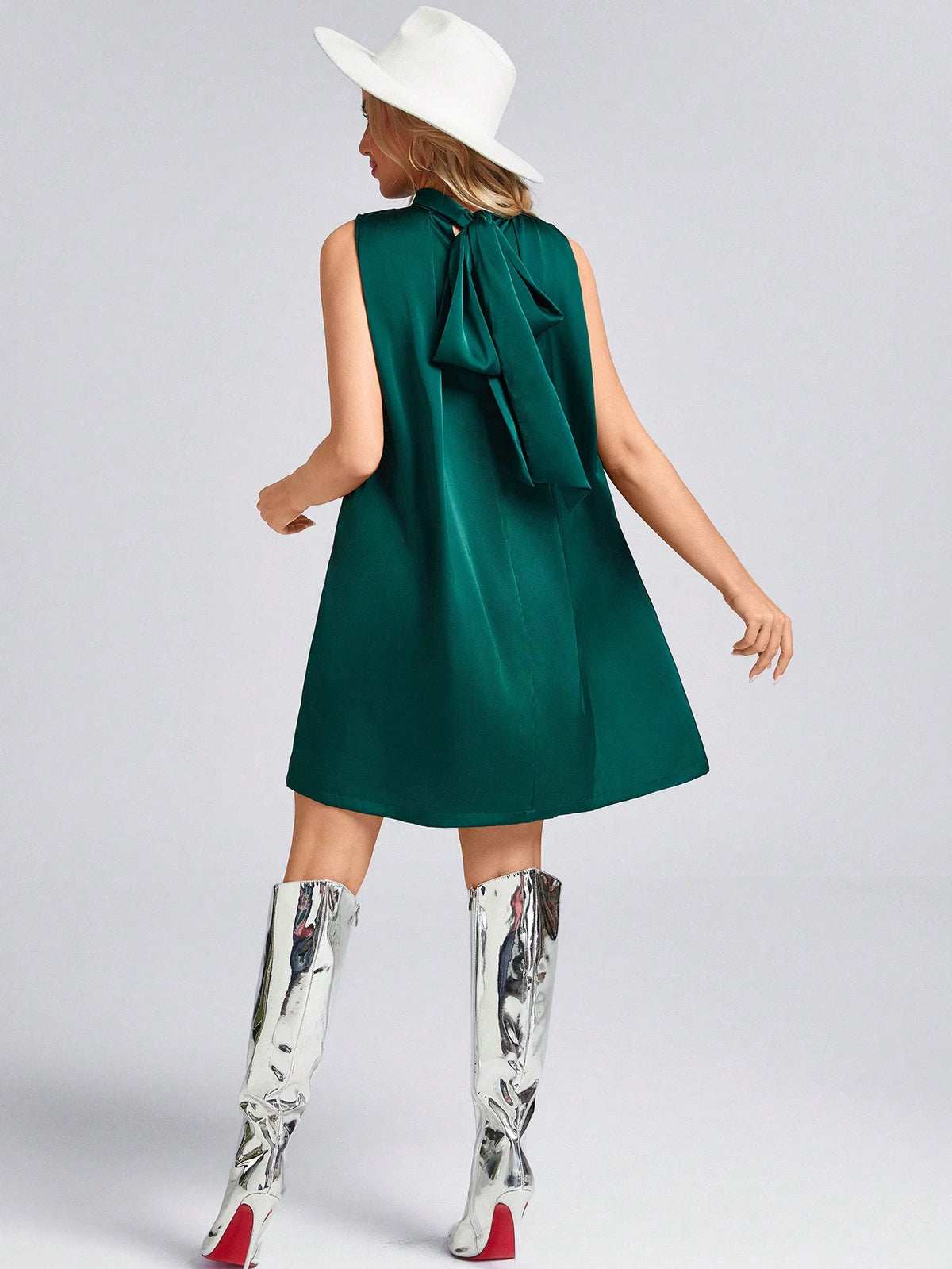 Valentines New Years Green Satin Backless Bow Sleeveless Short Dress For Women