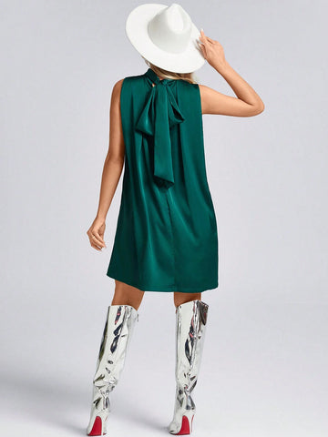 Valentines New Years Green Satin Backless Bow Sleeveless Short Dress For Women
