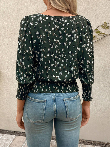 LUNE Vintage Leopard Print Round Neck, Puff Sleeve, Ruffle Trim Casual Commute Blouse For Women