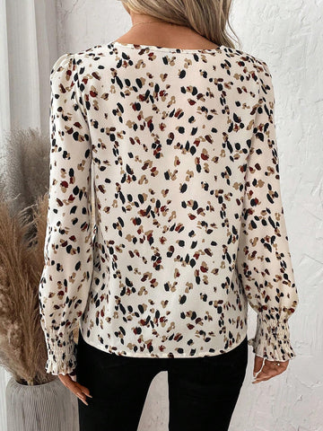 LUNE Vintage Leopard Print Ruffle Cuff Round Neck Puff Sleeve Casual Work Elegant Women Blouse,