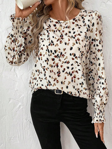 LUNE Vintage Leopard Print Ruffle Cuff Round Neck Puff Sleeve Casual Work Elegant Women Blouse,
