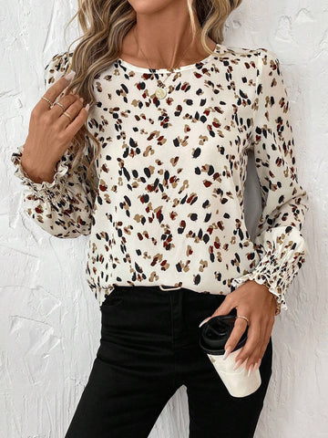 LUNE Vintage Leopard Print Ruffle Cuff Round Neck Puff Sleeve Casual Work Elegant Women Blouse,