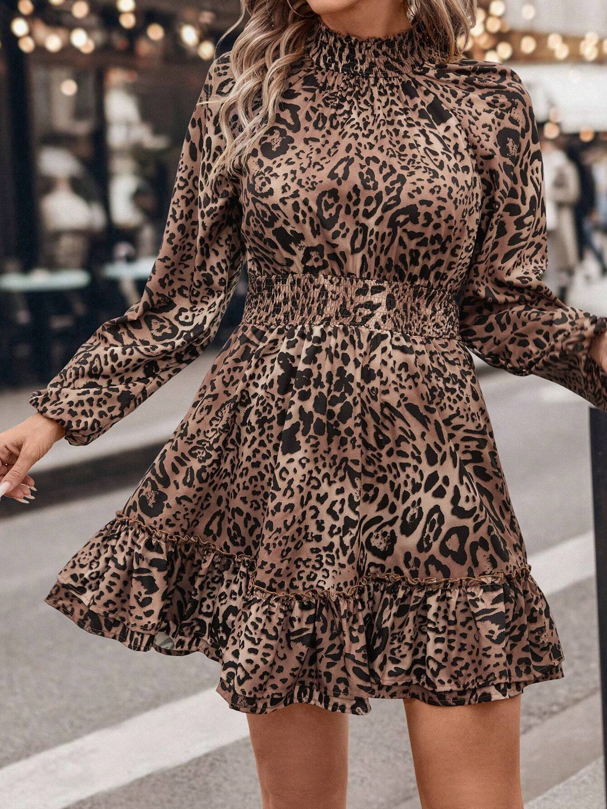 Vintage Leopard Print Ruffle Stand Collar Lantern Sleeve Waist Drawstring Ruffle Hem Casual