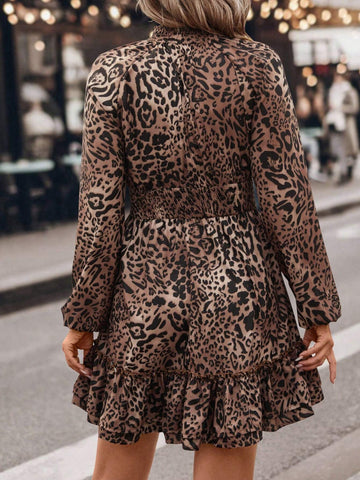 Vintage Leopard Print Ruffle Stand Collar Lantern Sleeve Waist Drawstring Ruffle Hem Casual