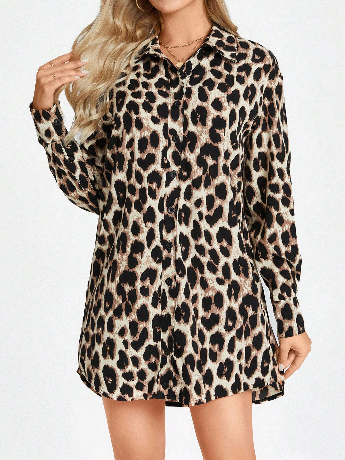 Vintage Leopard Print Shirt Dress With Polo Collar, Button Front, Casual And Elegant For Commute A