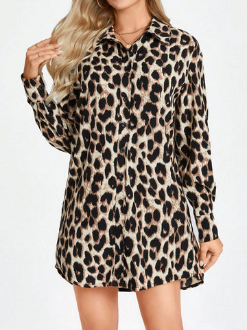 Vintage Leopard Print Shirt Dress With Polo Collar, Button Front, Casual And Elegant For Commute A