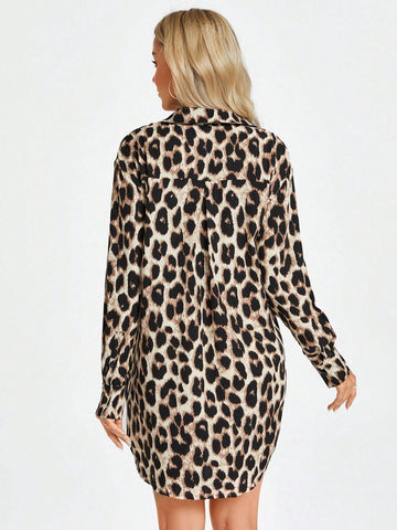 Vintage Leopard Print Shirt Dress With Polo Collar, Button Front, Casual And Elegant For Commute A