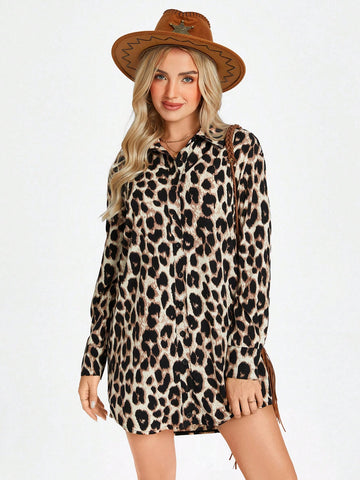 Vintage Leopard Print Shirt Dress With Polo Collar, Button Front, Casual And Elegant For Commute A