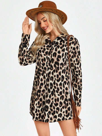 Vintage Leopard Print Shirt Dress With Polo Collar, Button Front, Casual And Elegant For Commute A