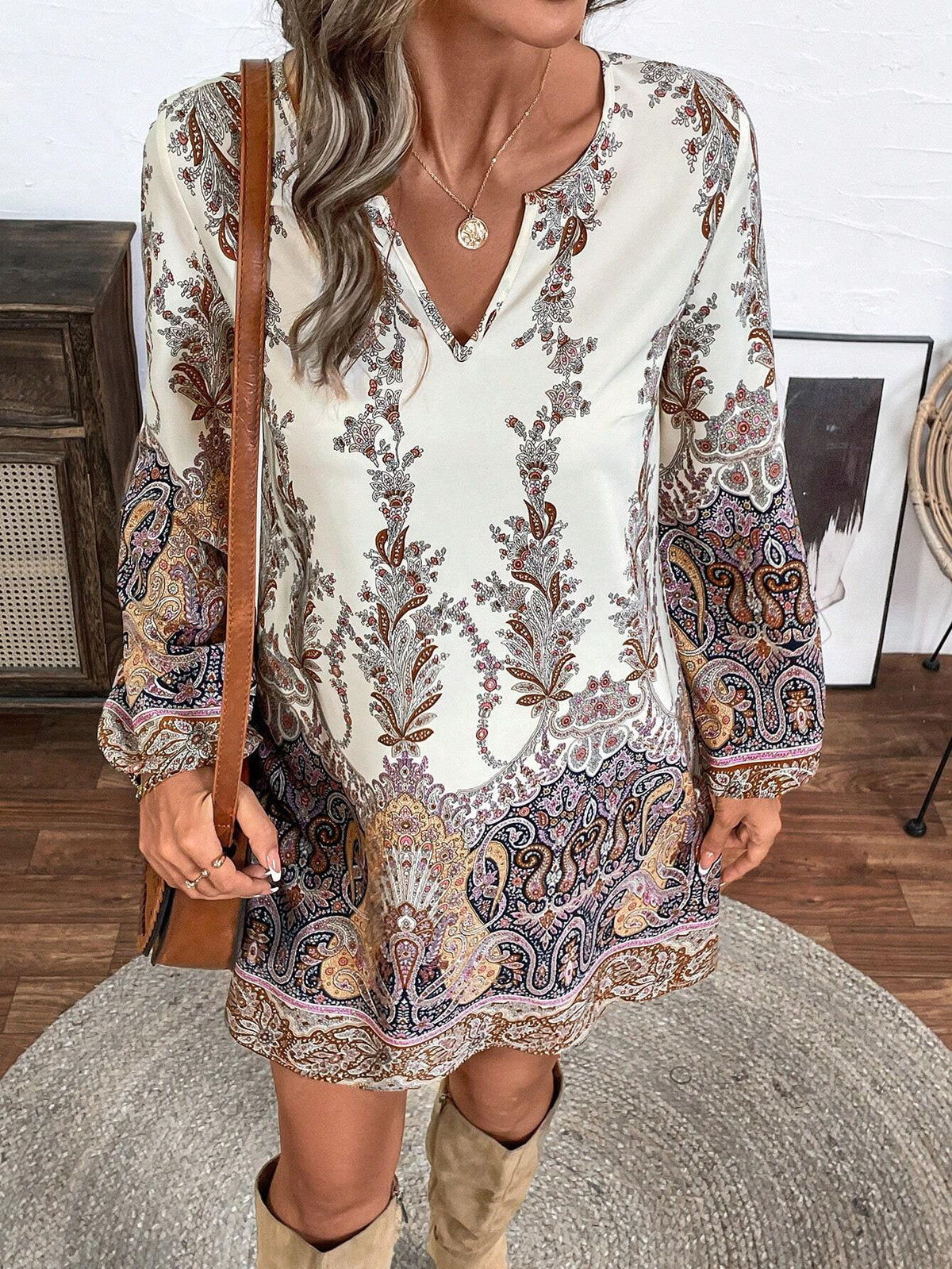Vintage Paisley Print V-Neck Long Sleeve Dress For Women