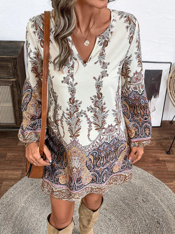 Vintage Paisley Print V-Neck Long Sleeve Dress For Women