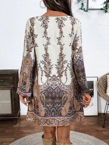 Vintage Paisley Print V-Neck Long Sleeve Dress For Women