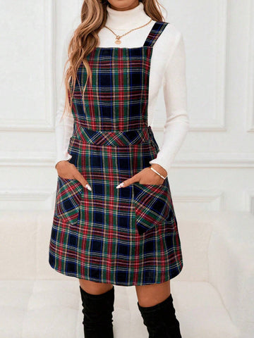 Vintage Red Plaid A-Line Suspender Dress, With Double Pockets, Casual Commute Elegant Dress Fo