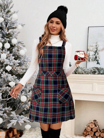 Vintage Red Plaid A-Line Suspender Dress, With Double Pockets, Casual Commute Elegant Dress Fo
